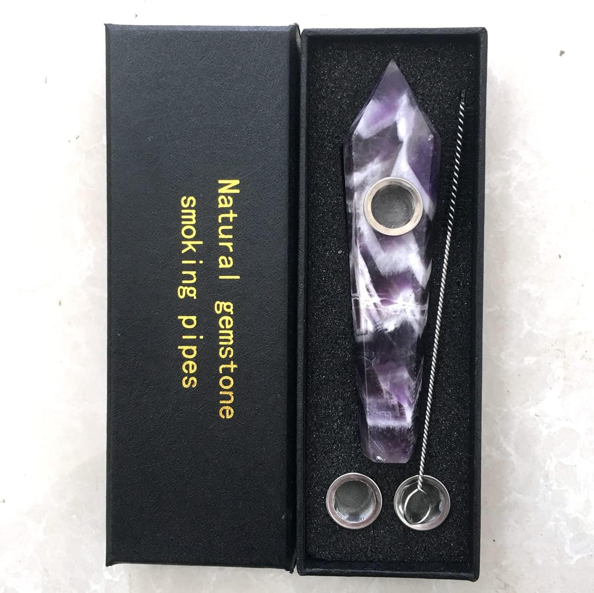 Natural Dream Amethyst Crystal Point Pipe with Metal Screen, Dream Amethyst Tower,Purple and White Multi-Color, crystal gift product photo