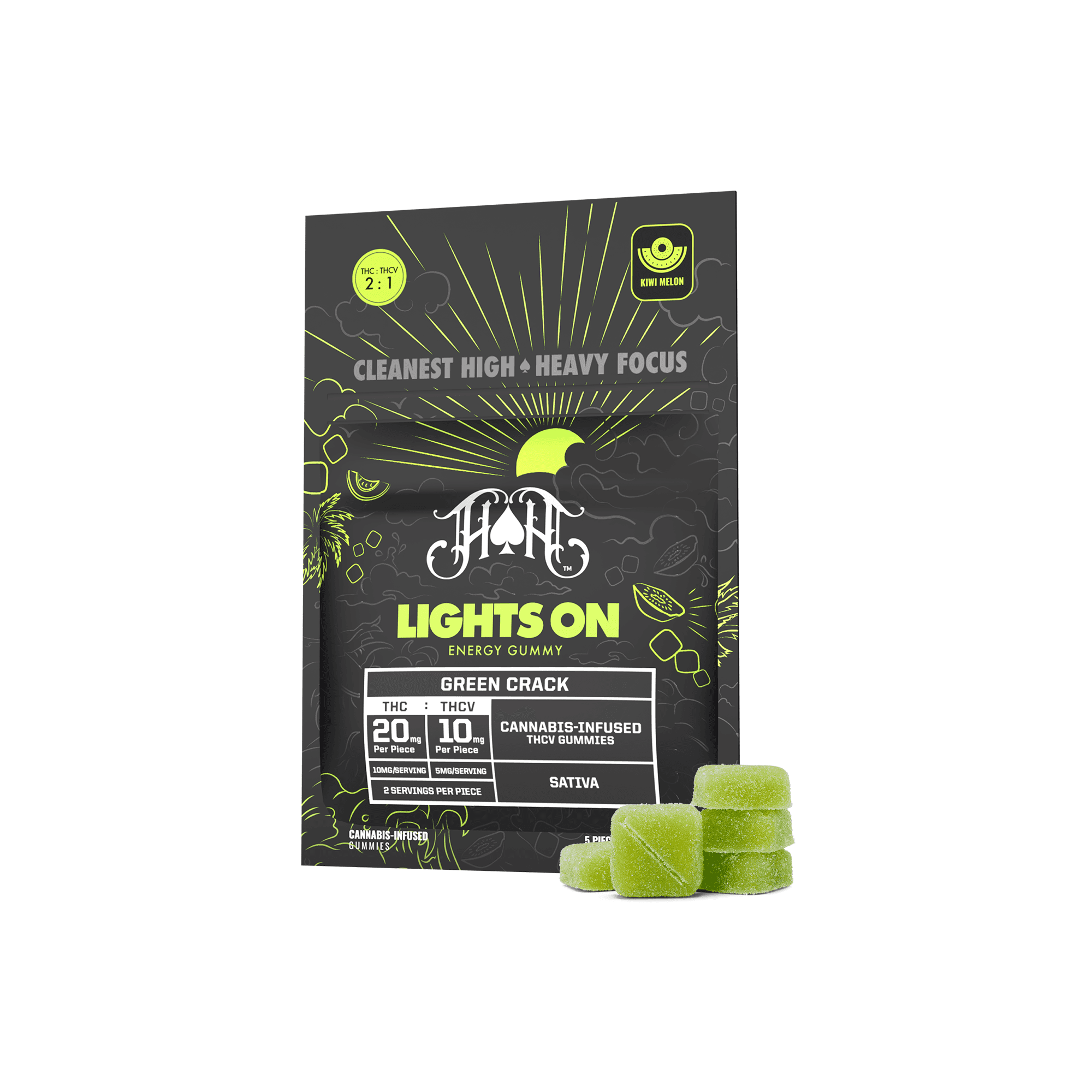 Green Crack | Lights On Energy Gummies | 20mg THC/ea = 100mg product photo